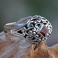 Garnet dome ring, 'Treasured Heart' - Garnet Dome Ring Sterling Silver Artisan Crafted Jewellery