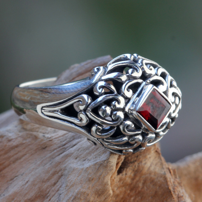 Garnet dome ring, 'Treasured Heart' - Garnet Dome Ring Sterling Silver Artisan Crafted Jewelry