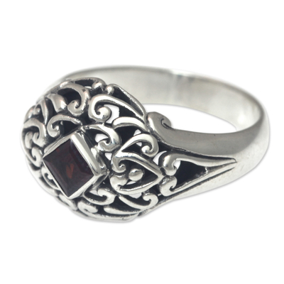 Garnet dome ring, 'Treasured Heart' - Garnet Dome Ring Sterling Silver Artisan Crafted Jewellery