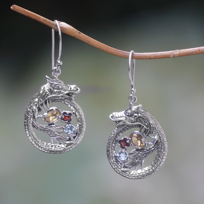 Multi-gemstone dangle earrings, 'Dragon's Prize' - Sterling Silver Dragon Earrings Garnet Citrine and Topaz