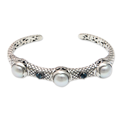Cultured pearl and blue topaz cuff bracelet, 'Three Moons' - Pearl Sterling Silver Hinged Cuff Bracelet with Blue Topaz