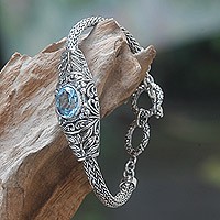 Blue topaz link bracelet, 'Jungle Lagoon' - Handcrafted Blue Topaz Silver Bracelet from Bali