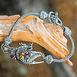 Silver and Multi Gemstone Handcrafted Dragon Bracelet, 'Dragon's Prize'