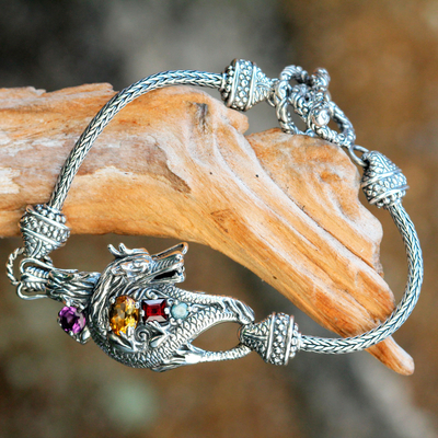 Multi-gemstone pendant bracelet, 'Dragon's Prize' - Silver and Multi Gemstone Handcrafted Dragon Bracelet