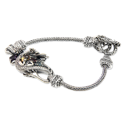 Multi-gemstone pendant bracelet, 'Dragon's Prize' - Silver and Multi Gemstone Handcrafted Dragon Bracelet