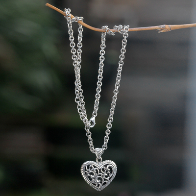 Anhänger-Halskette aus Sterlingsilber, 'Dschungelherz' - Original handgefertigte Herz-Halskette aus Sterlingsilber