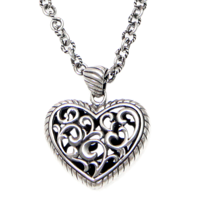 Anhänger-Halskette aus Sterlingsilber, 'Dschungelherz' - Original handgefertigte Herz-Halskette aus Sterlingsilber