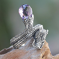Amethyst cocktail ring, 'Royal Dragon' - Original Artisan Crafted Silver Dragon Ring with Amethyst