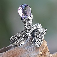 Amethyst cocktail ring, 'Royal Dragon' - Original Artisan Crafted Silver Dragon Ring with Amethyst