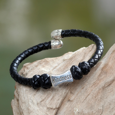 Leather and sterling silver cuff bracelet, 'Kindness in Black' - Sterling Silver Hand Braided Black Leather Bracelet