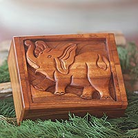 Wood decorative box, 'Furious Elephant'