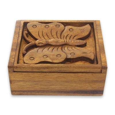 Hand Carved Wood Box with Butterfly Relief Sculpture Lid