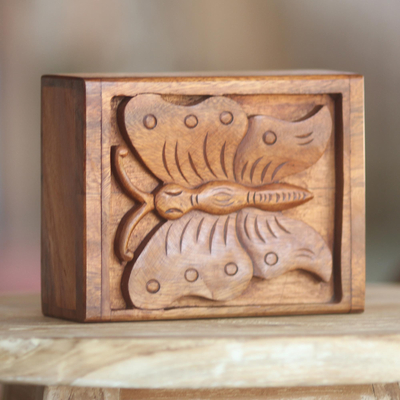 Wood box, 'Wanasari Butterfly' - Hand Carved Wood Box with Butterfly Relief Sculpture Lid