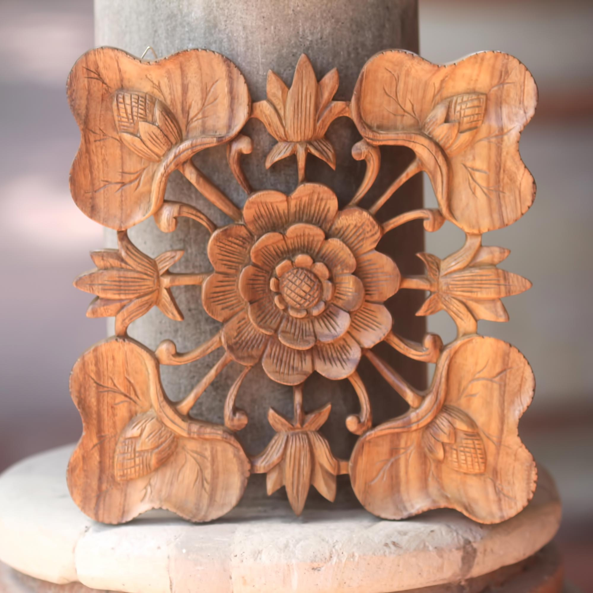 30cm Flower Panel Wall Decor Bali Art Wood Carving Home Decor Free Shipping