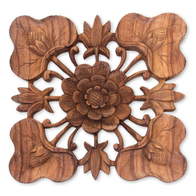 Wood relief panel, 'Life of the Lotus' - Balinese Suar Wood Signed Lotus Blossom Relief Panel