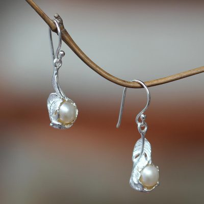 Cultured pearl dangle earrings, 'Majestic Muse' - Pearls in Leaf Earrings Sterling Silver jewellery from Bali