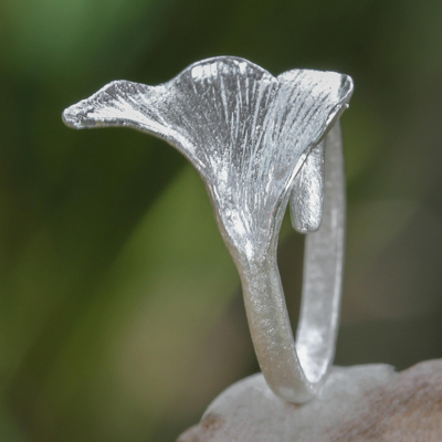 Sterling silver cocktail ring, 'Oyster Mushroom' - Mushroom-shaped Sterling Silver Artisan Crafted Ring