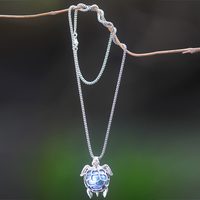 Cultured pearl pendant necklace, 'Turtle in the Sea' - Handcrafted Blue Mabe Pearl Silver Pendant Necklace