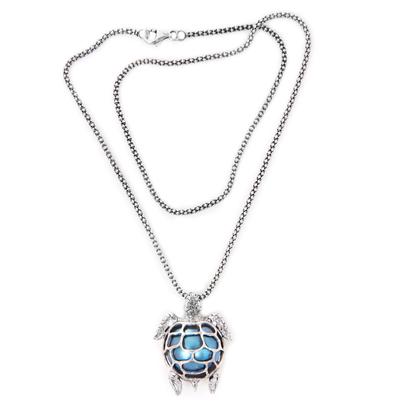 Halskette mit Anhänger aus Zuchtperlen - Handgefertigte Halskette mit blauen Mabe-Perlen-Silberanhänger