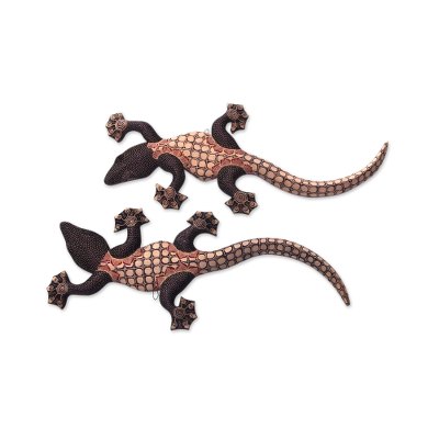 Wood batik wall sculptures, 'Playful Geckos' (pair) - Batik on Wood Gecko Wall Sculptures Artisan Crafted (Pair)