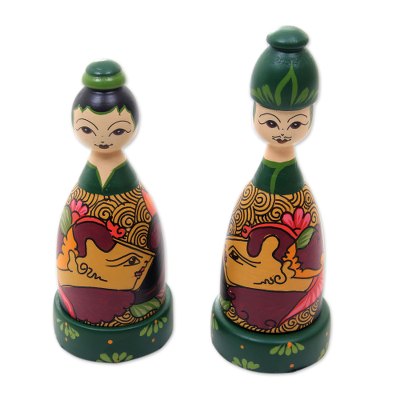 Mahogany wood toothpick holders, 'Jogja Couple' (pair) - Hand Painted Bride and Groom Wood Toothpick Holders (Pair)