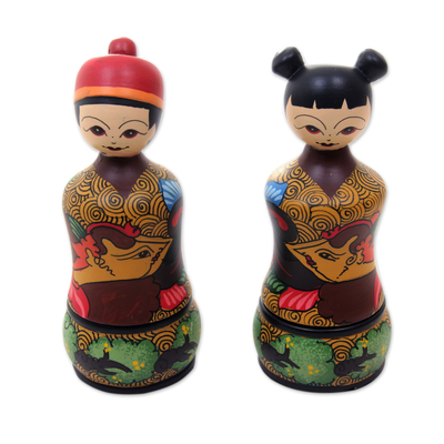 Mahogany wood toothpick holders, 'Manten Cino' (pair) - Mahogany Toothpick Holders Hand Painted Bride and Groom