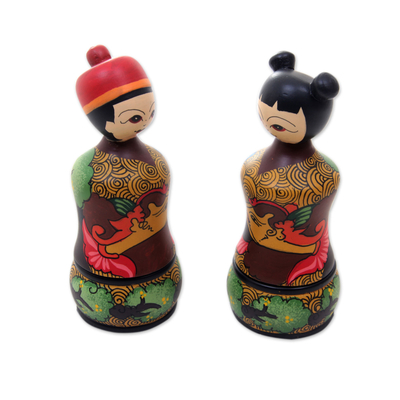 Mahogany wood toothpick holders, 'Manten Cino' (pair) - Mahogany Toothpick Holders Hand Painted Bride and Groom