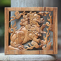 Wood relief panel, 'Balinese Lion'