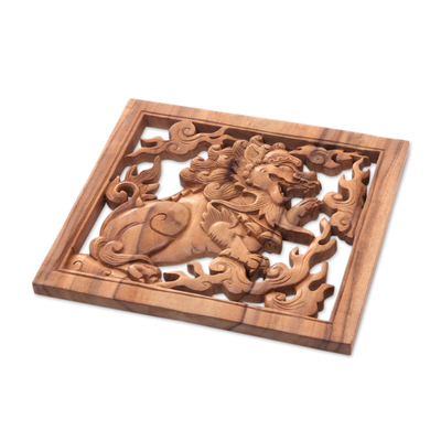 Wood relief panel, 'Balinese Lion' - Hand Carved Balinese Suar Wood Relief Panel
