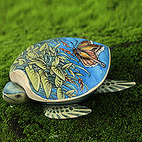 Wood jewelry box, 'Butterfly Turtle' - Turtle Shaped Decorative Box with Butterfly Images