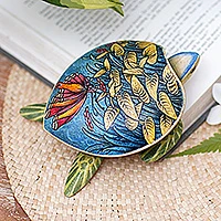 Wood jewelry box, 'Butterfly Turtle' - Turtle Shaped Decorative Box with Butterfly Images