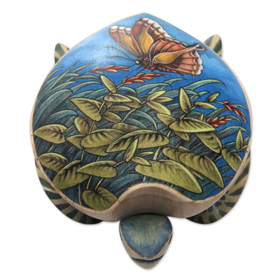 Wood jewelry box, 'Butterfly Turtle' - Turtle Shaped Decorative Box with Butterfly Images