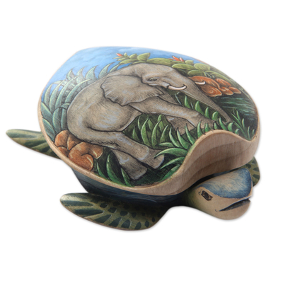Wood jewelry box, 'Turtle and Elephant' - Hand Carved and Painted Turtle Box with Elephant Motif