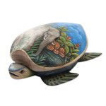 Wood jewelry box, 'Turtle and Elephant' - Hand Carved and Painted Turtle Box with Elephant Motif