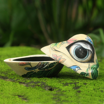 Wood jewelry box, 'Ubud Frog' - Frog Sculpture Hand Painted Box