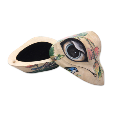 Wood jewellery box, 'Ubud Frog' - Frog Sculpture Hand Painted Box