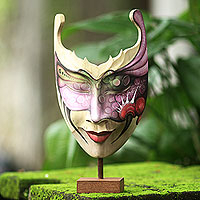 Máscara de madera, 'Mujer Misteriosa' - Máscara y soporte balineses modernos pintados a mano