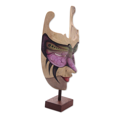 Wood mask, 'Mysterious Woman' - Hand Painted Modern Balinese Mask and Stand