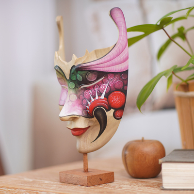Wood mask, 'Mysterious Woman' - Hand Painted Modern Balinese Mask and Stand
