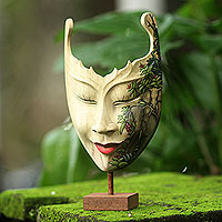 Wood mask, 'Queen of Elephants' - Hand Painted Modern Balinese Mask and Stand