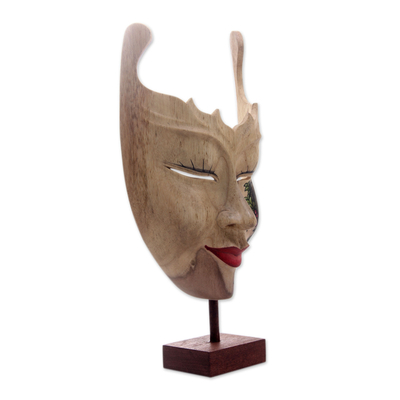 Wood mask, 'Queen of Elephants' - Hand Painted Modern Balinese Mask and Stand