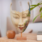 Wood mask, 'Queen of Elephants' - Hand Painted Modern Balinese Mask and Stand