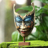 Wood mask, 'Queen of the Butterflies' - Butterfly Theme Balinese Hibiscus Wood Mask