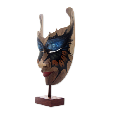 Wood mask, 'Queen of the Butterflies' - Butterfly Theme Balinese Hibiscus Wood Mask