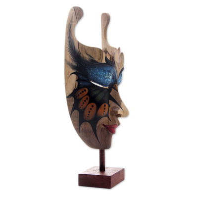 Wood mask, 'Queen of the Butterflies' - Butterfly Theme Balinese Hibiscus Wood Mask