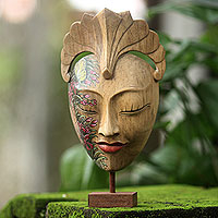 Wood mask, 'Dream of Butterflies' - Artisan Carved Balinese Hand Painted Mask and Stand