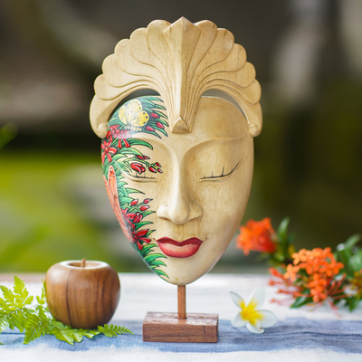 Wood mask, 'Dream of Butterflies' - Artisan Carved Balinese Hand Painted Mask and Stand