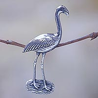 Sterling silver brooch pin, 'Crane of Eternal Happiness' - Elegant Sterling Silver Brooch Pendant of Crane Bird