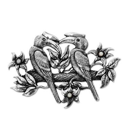 Cultured pearl brooch, 'Borneo Hornbill' - Balinese Sterling Silver and Cultured Pearl Bird Brooch