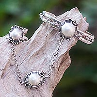 Cultured pearl flower harem bracelet with ring, 'Mekar Dancer' - Java Flowers Jewelry Set 925 Silver Harem Bracelet and Ring